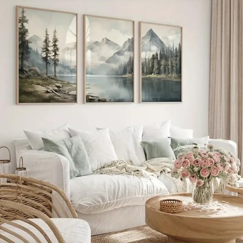 Habiller grand mur vide lot 3 affiches murales paysage vert aquarelle avec cadre