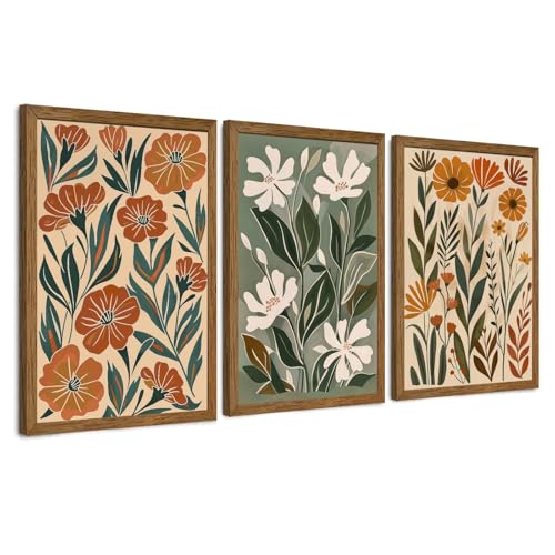 InspiredHues 3 Piece Abstract Boho Floral Canvas Wall Art, Green Beige Flower Market Wall Decor, Minimalist Colorful Botanica Artwork Prints for For Living Room Bedroom Office 12x16 Inch Wood Framed