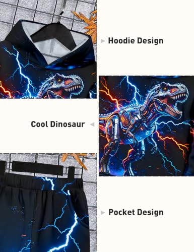 Image of Boys Clothes, T-Rex Print Dinosaur Boy Clothes Fall Winter Outfits Long-sleeved Hooded Sweatshirt Pants 2Pcs Set
