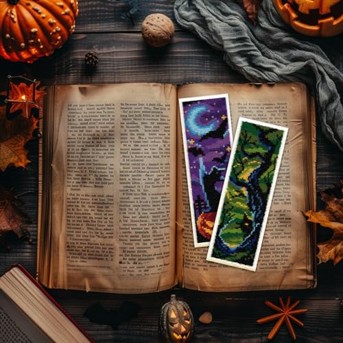 Image of ACRNIGHEET 6PCS Cat Cross Stitch Bookmark Kit DIY Halloween Bookmarks Cross Stitch Kit for Adult Beginners Pumpkin Cross-Stitch Stamped Kits 8.7x3.1inch Stamped Embroidery Bookmark with Instructions