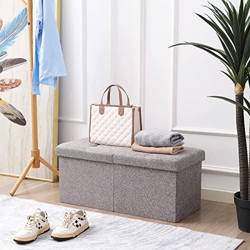 Image of Storage Ottoman Bench Foldable Footrest Foot Stool, 30 inch Fabric Gray | Small Ottoman Foot Rest Seat Shoe Bench Flip-Top forliving Room End of Bed Bedroom Couch Dorm, 80L Folding Upholstered Chair
