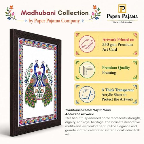 Image of PAPER PAJAMA Peacock Pair Wall Art for Living Room | Madhubani Peacock Painting | Traditional Indian Folk Art Bird Artwork Framed Decor for Home, Bedroom & Office (10x13 Inches)