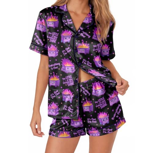 Image of Women 2PCs Satin Pajama Set Short Sleeve Silk Feel Gift Sleepwear