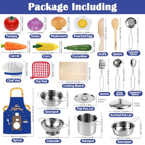 Foto von Airlab Kinderküche Spielküche Zubehör, Küchenzubehör Töpfe Holz & Edelstahl, Puppenküche Kochset, Holzspielzeug Kinder Küche Zubehör Töpfe mit Gemüse, Pädagogische Rollenspiele Geschenk für Kinder
