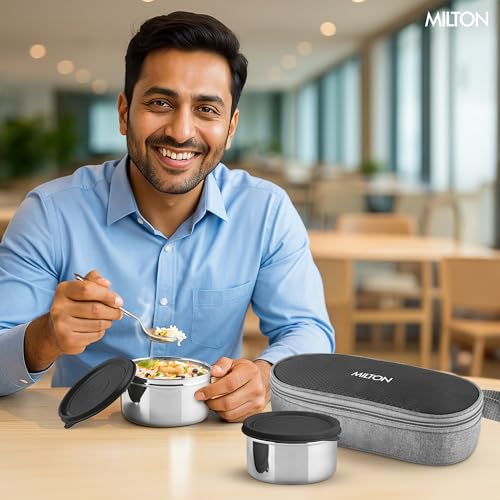 Image of MILTON Plato Pack Small Stainless Steel Lunch Box (2 X 340 ml containers) with Jacket | Leak Proof, Food Grade I Lightweight, Odour Proof | 1 Year Warranty I Ideal for Office, School, Travel, Black