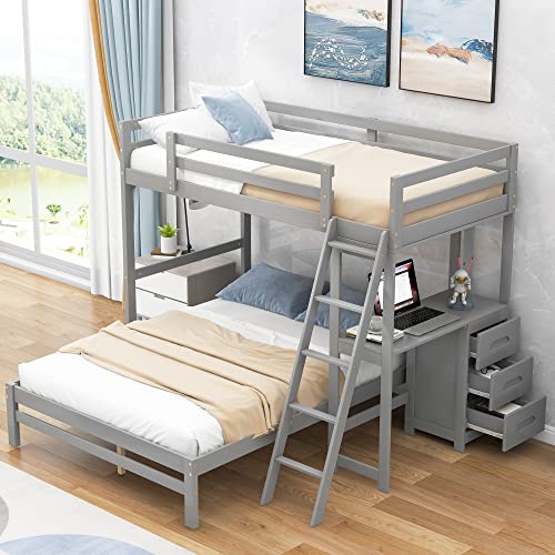 LUMISOL Twin Over Full Bunk Bed with Desk and 3 Storage Drawers, Convertible 2 Beds, Wooden Bed Frame for Kids, Grey