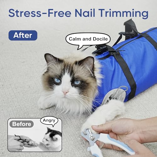 Image of Cat Carrier Pouch, Soft Cat Grooming Restraint Bag for Vet Visits, Nail Trimming & Medication, Comfortable Cats Carry Bag with Bottom Support for Car Travel, Blue, S