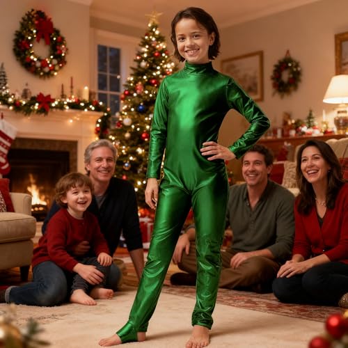 Disfraz entero metálico para niñas manga larga, Catsuit brillante miniatura 6
