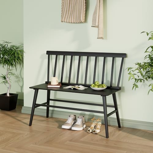 APRTAT Bamboo Entryway Bench, Farmhouse Dining Bench with Spindle Back 3 Person Indoor Bench Chair Wood Windsor Bench Durable Easy Assembly for Foyer Balcony Hallway Living Room (Black)