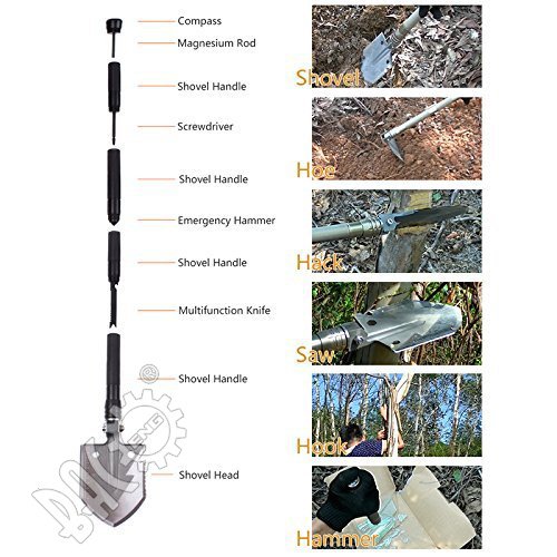 BACOENG 17 in 1 Folding Shovel - with Knife and Fire Starter - Perfect for Snow Shovel, Entrenching Tool, Auto Emergency Kit, Survival Axe, Camping Multitool, Tactical, Military, Self-Defense - Thumbnail 3