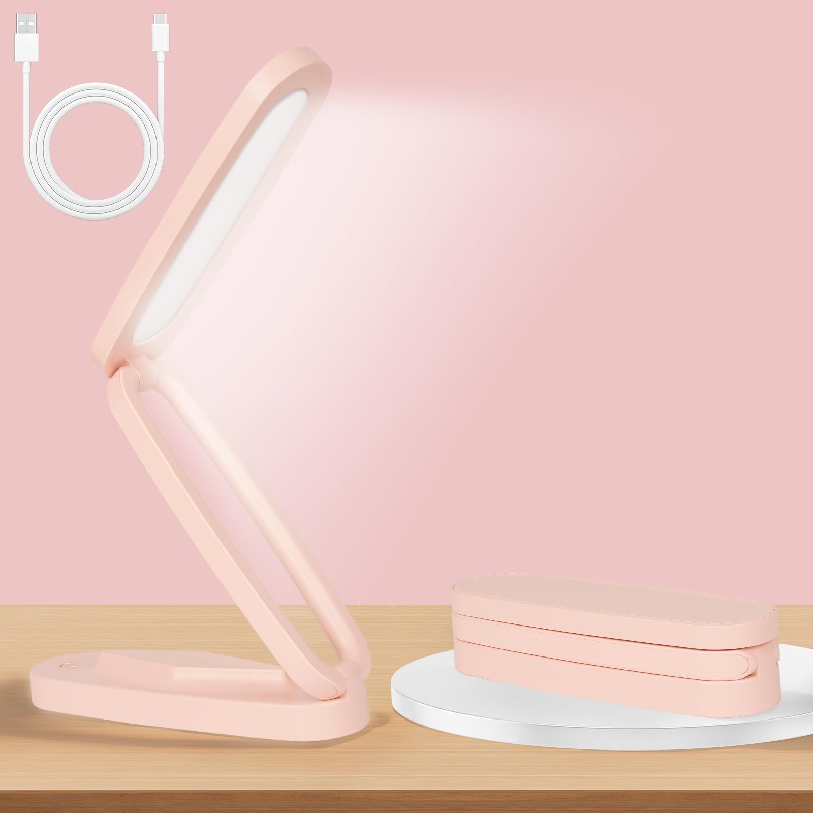 AUAUY Foldable LED Desk Lamp, Rechargeable Portable Table Lamp, Pink