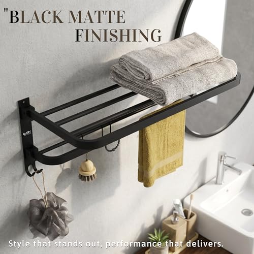 Image of Gloxy Premium Foldable Towel Holder in Bathroom with Towel Rod & Hooks - Stainless Steel Black Matte Finish Bathroom Towel Hanger for Wall Mount Installation - Towel Rack in Bathroom Accessories Set