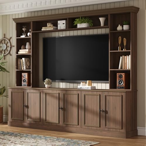 Image of JIJIWANG 97.4 inch Wall Unit Entertainment Center with Adjustable Shelves and Bookshelves, Extra Large TV Stand with Doors and Cabinet, Modern All-in-One TV Stand with Bridge for TVs Up to 70 inch Walnut
