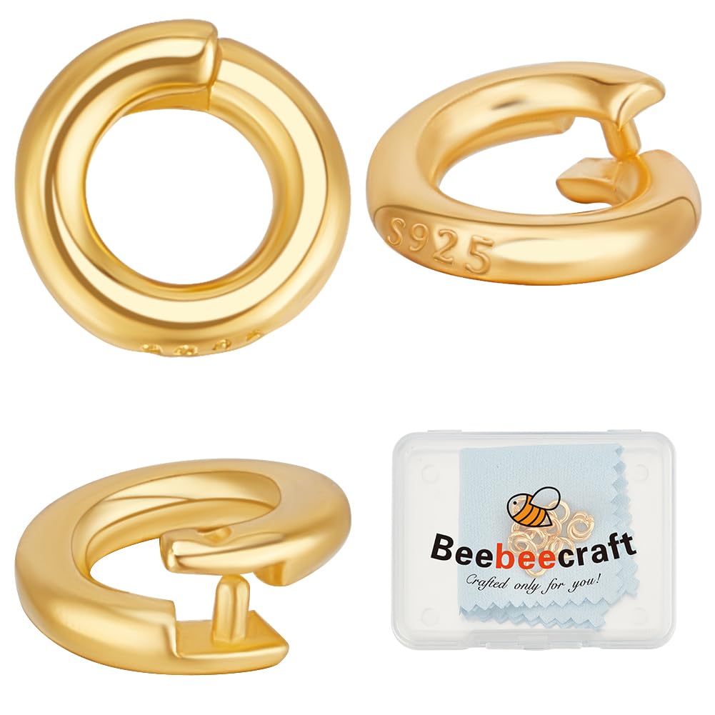 Beebeecraft 1 Box 6Pcs Locking Jump Rings 24K Gold Plated 925 Sterling Silver OD 6mm ID 3.5mm Circle Clasp Ring Connector Open End Jump Rings for Necklace Bracelet Keychain Jewelry Making