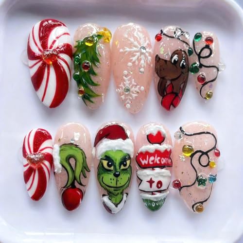 30Pcs Christmas Press on Nails Medium Almond Fake Nails 3D Rhines...