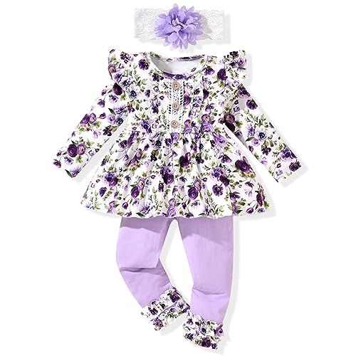Image of HINTINA Toddler Infant Girl Ruffle long Sleeve Top Pants 2 Piece Outfits Baby Girl Fall Winter Clothes Set