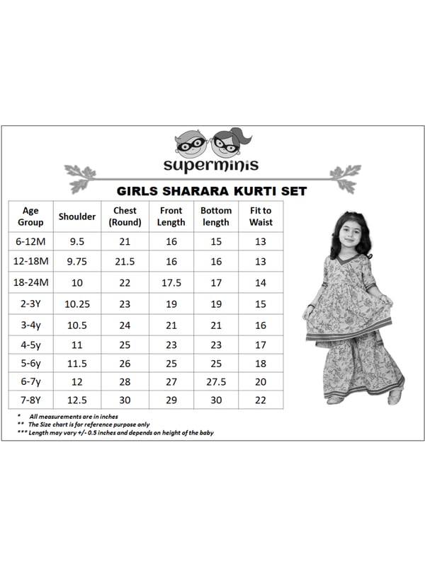 Image of superminis Girls Cotton Floral Printed Gota Patti Work Half Sleeves Kurti and Sharara (18-24 Months, Yellow)