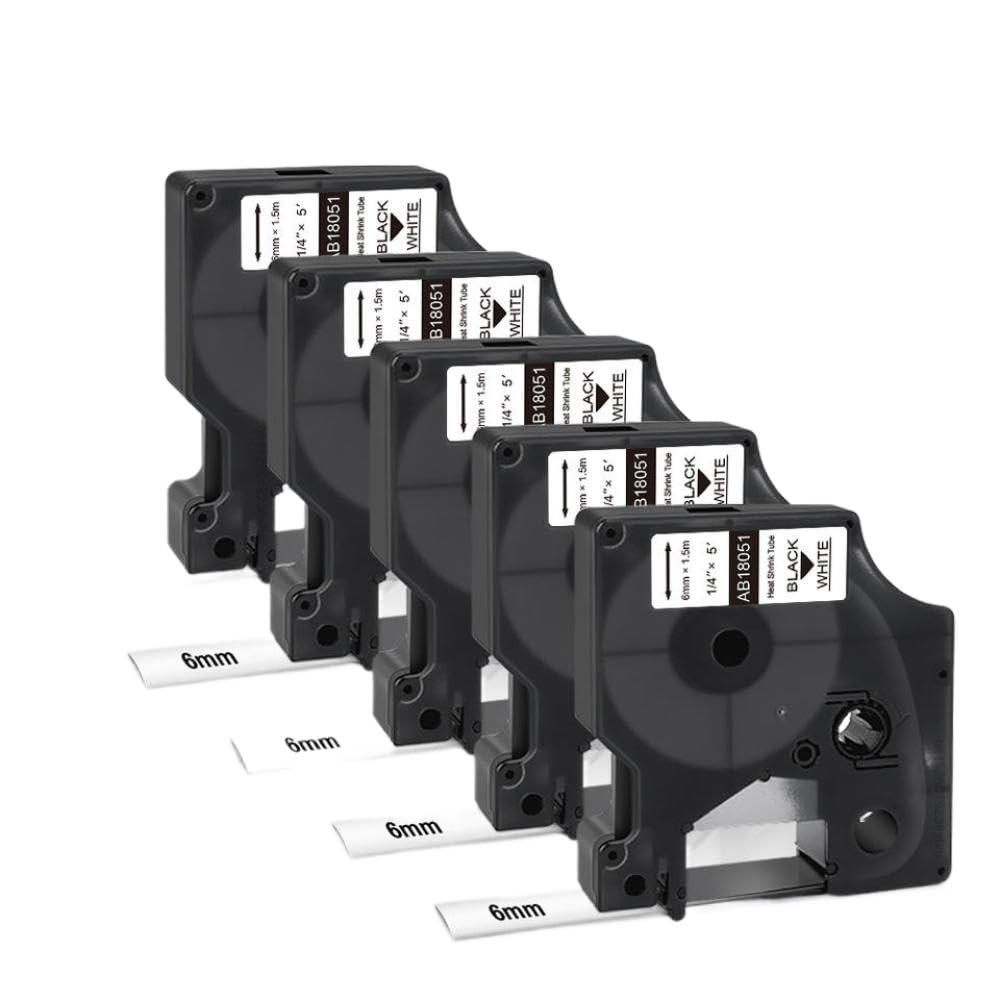 Ruban d'étiquettes thermorétractable 18051, 5 pièces, 6mm, Noir sur Blanc, Compatible avec Les étiqueteuses 1000 3000 4200 5000 5200 6000