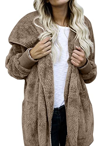 Photo 1 of 2022 Winter Womens Fuzzy Hoodies Fleece Zip Up Hoodie Solid Color Block Patchwork Cardigan Coats Outerwear with Pockets Khaki Large