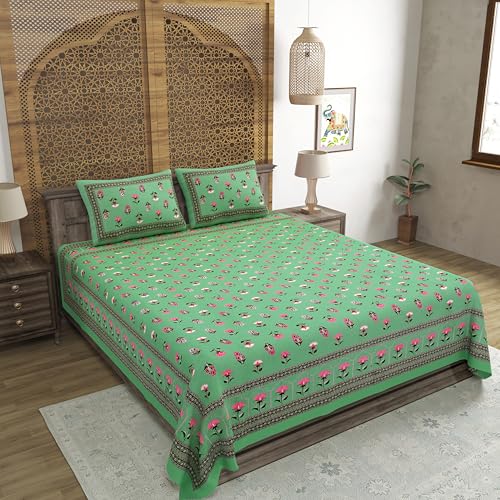 Image of BLOCKS OF INDIA Hand Block Printed 200 TC Cotton Super King Size Bedsheet(106 x 106) | Pack of 1, Batik Green Flower