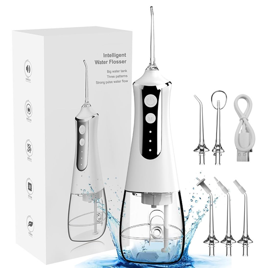 Water Flosser for Teeth, Cordless Irrigator, 300ML Cleanable USB Rechargeable Water Jet Teeth Cleaner, IPX7 Waterproof 3-Mode With 5 Jet Tips for Travel Home-White