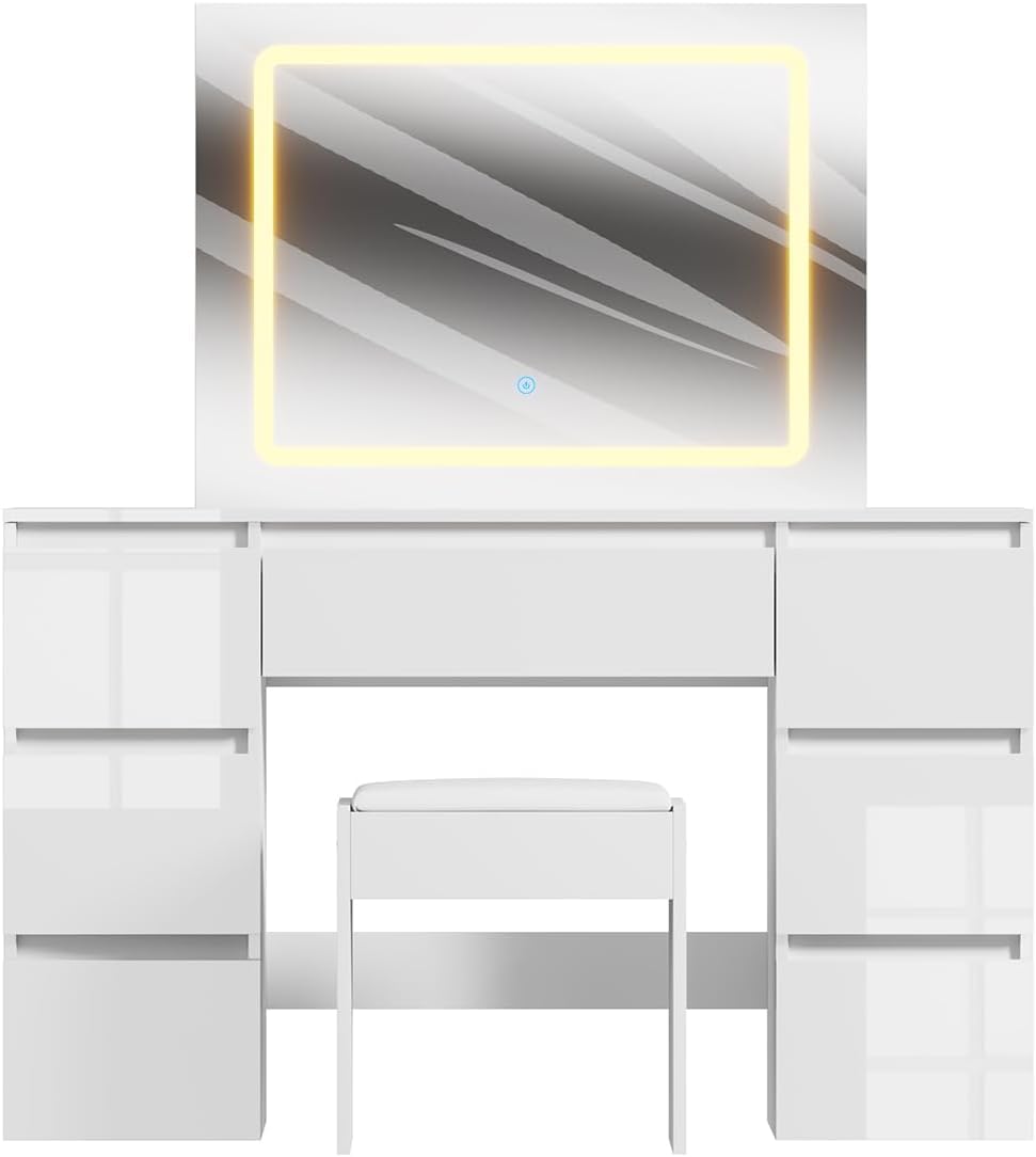 Schminktisch mit LED Beleuchtung, Hochglanz, 7 Schubladen, Weiß | Hochwertiger Stuhl mit Soft Pad, Für Schlafzimmer, Wohnzimmer, Friseur, Umkleidezimmer