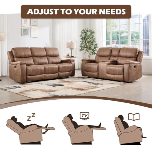 Image of CANMOV Faux Leather Manual Recliner Sofa Set, Manual Reclining Sofa and Recliner Loveseat with Center Console, Hidden Storage and Cup Holders for Living Room,Bedroom Furniture,Nut Brown