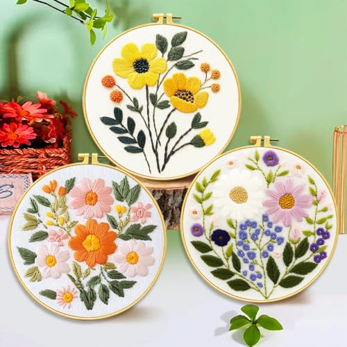 Image of Zhenqing 3-Pack Floral Embroidery Kit for Beginners with Printed Patterns - Complete Embroidery Set with Hoop, Threads, Cotton Fabric & Tools for Home Decor (C0153)