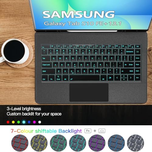 Image of for Samsung Galaxy Tab S10 FE+ Plus Keyboard Case 13.1 inch, S Pen Holder, 7 Color Backlit Keyboard with Trackpad Detachable Sleeve Cover with Adjustable Viewing Angle Stand for Tablet S10 FE +
