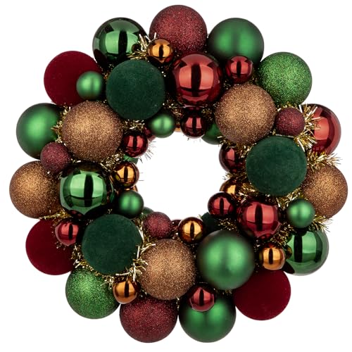 Christmas Ball Wreath 13" Xmas Wreaths Ornaments Glitter Thicken Shatterproof Garland Decoration for Door Wall Mantel Holiday Party Decor Burgundy and Green