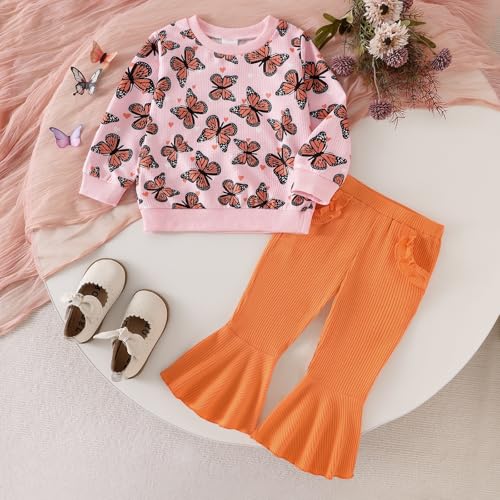 Toddler Girl Clothes Fall Winter Baby Outfits Cute Butterflies Print Sweatshirt + Flared Pants Set 2 Piece 1-6 Years2