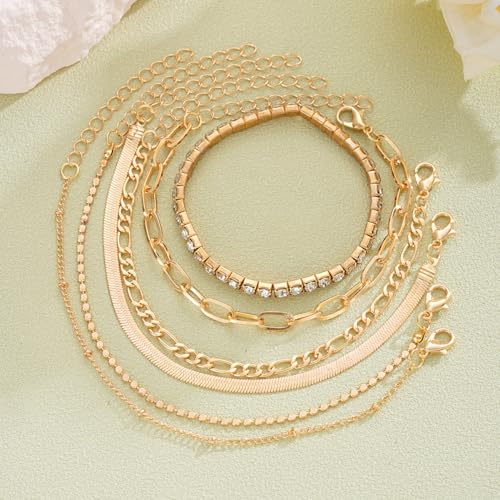 Image of Shining Diva Fashion Gold Plated Bracelet Set for Women & Girls | Set of 6 Trendy Chain Bracelets | Adjustable Layered Bracelet Combo for Daily Wear, Party, Office & Gifting