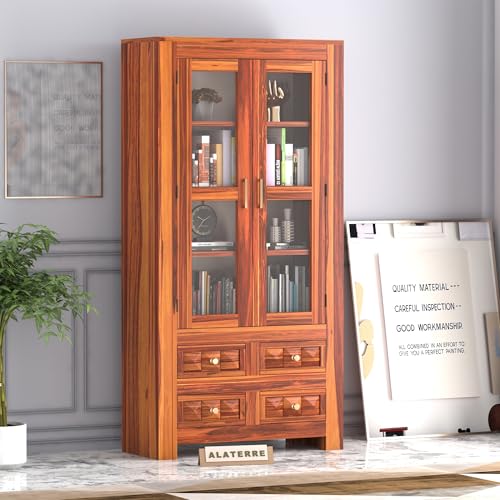 Image of Solid Sheesham Wood Book Cabinet | Tall Wooden Storage Unit with Glass Doors & 4 Drawers | Multipurpose Display Shelf for Living Room & Office | Natural Finish