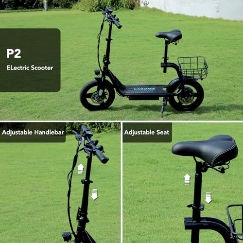 Caroma Peak 1200W Electric Scooter with Seat 14' Tire, 30 Miles Range 20MPH Max Speed, Foldable Electric Scooter for Adults 300 LBS Max Load (819W-25Miles, Black-Adjustable Seat/Handlebar)