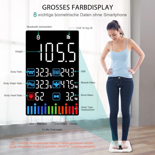 ABLEGRID Wiederaufladbar Körperfettwaage, LED Personenwaage Digital Mit Körperfett Und Muskelmasse Körperfettanalyse, 16 Messungen Der Körperzusammensetzung BMI, Herzfrequenz, 180kg, Weiß 2