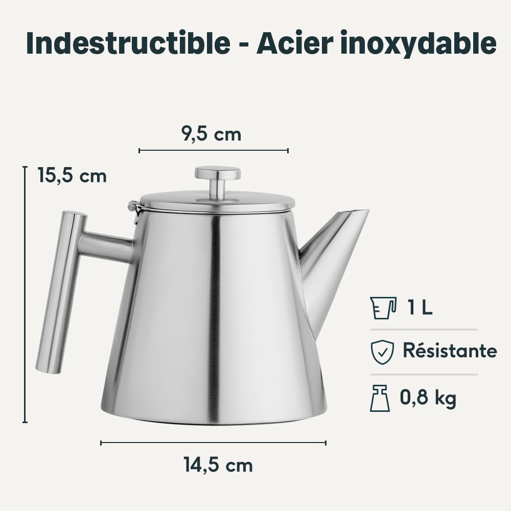 SILBERTHAL Théière en Inox Avec Infuseur Amovible - 1 litre - Garde la Chaleur - 6 à 8 Tasses