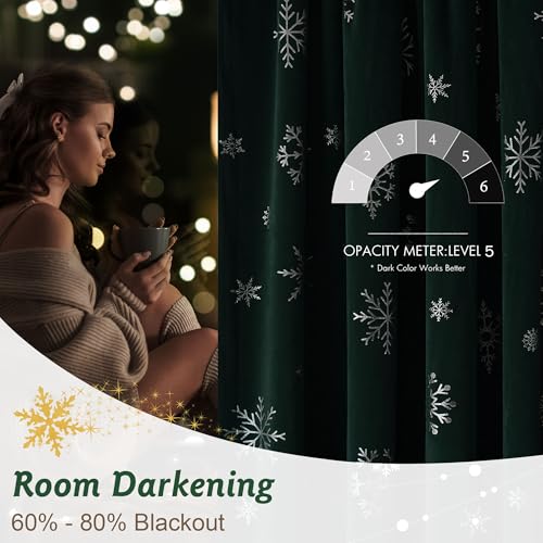 Image of Beauoop Christmas Green Velvet Curtains 96 Inches Long 2 Panels for Bedroom Living Room Silver Snowflake Holiday Decor Thermal Insulated Room Darkening Rod Pocket Window Treatments Drapes, 52X96