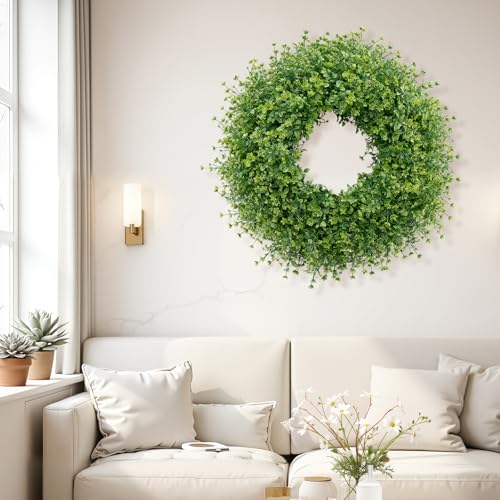Image of 28 Inch Large Boxwoods Wreaths for Front Door Artificial Green Leaves Greenery Indoor Outdoor Wreath Home Decor Porch Window Wall Farmhouse Door Decorations Spring Summer Fall All Seasons