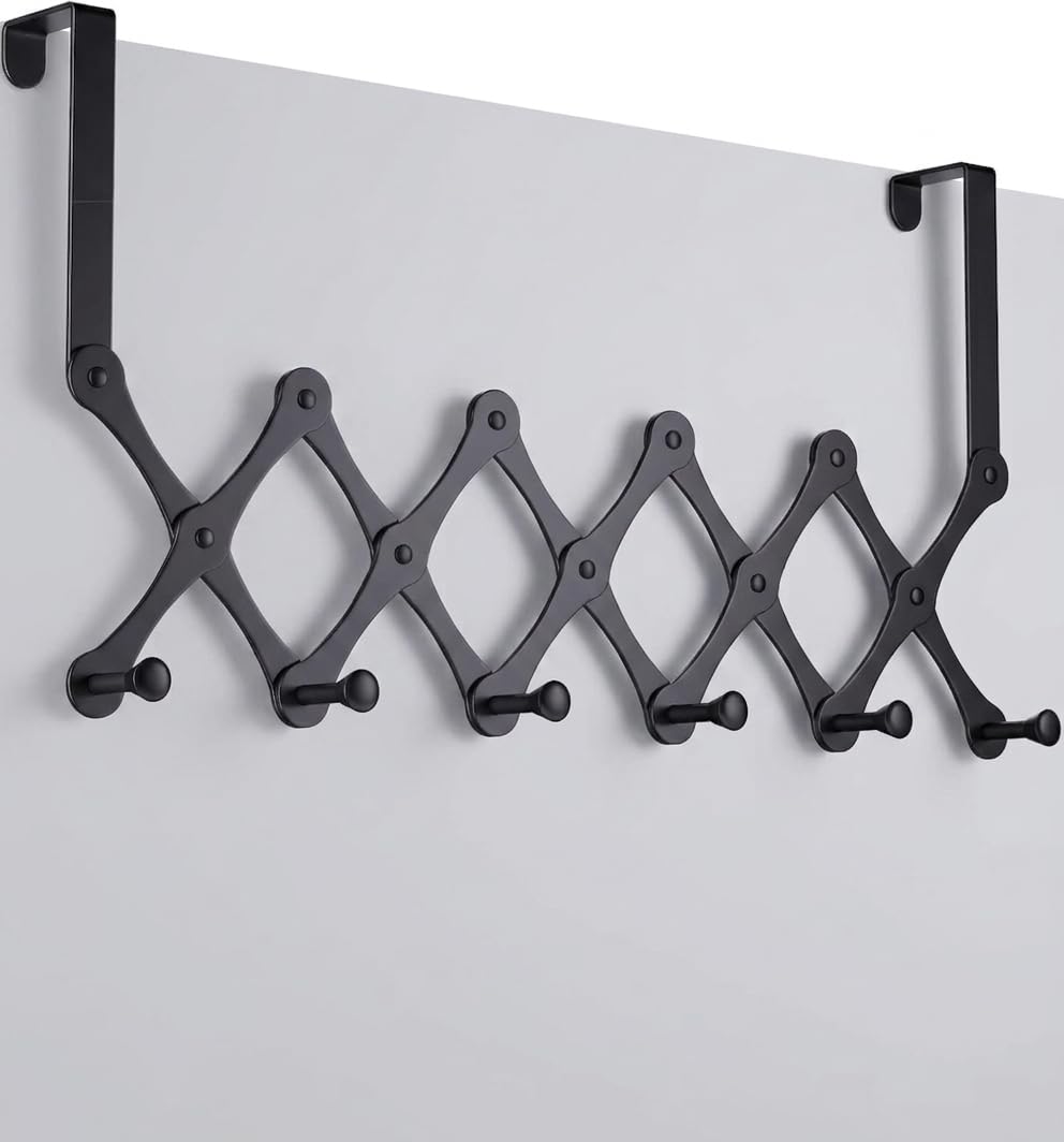 BIYALI Stainless Steel Foldable No-Drill Over-The-Door Hanger | 6-Hook Expandable Clothes Organizer | Rust-Resistant Space-Saving Rack for Bedroom, Bathroom | Cap, Key, Bag, Towel | Black | 1 pcs-image-7
