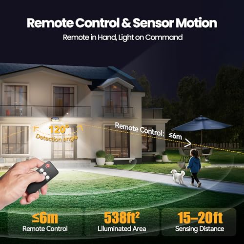 Image of TECKNET 546 LED Motion Sensor Outdoor Lights with Remote Control & Hook,7500LM Solar Lights Outdoor with 2200mAh & IP66 Waterproof, 300 Angle & 3 Modes, Solar Lights for Patio Fence Garage 4 Pack