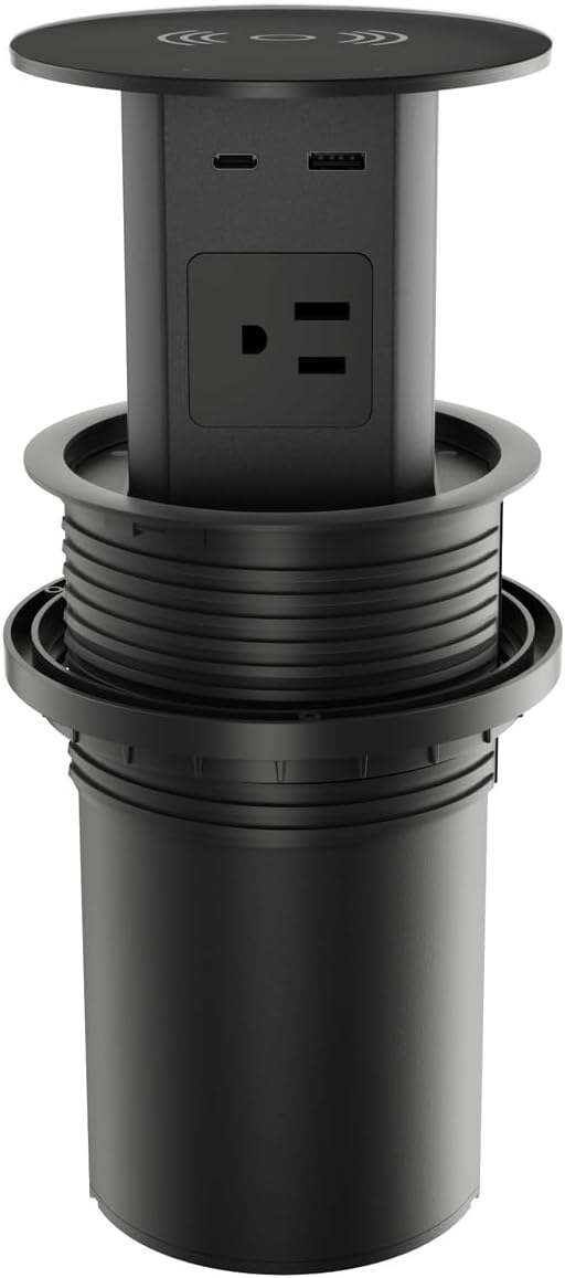 Pop up Outlet - 4-inch Hole,4-AC Outlet,20W USB C,15W Wireless Charging,2-USB Port,Desktop Recessed Grommet Power Outlet for Kitchen Island Countertop,6 ft Cable,Grey