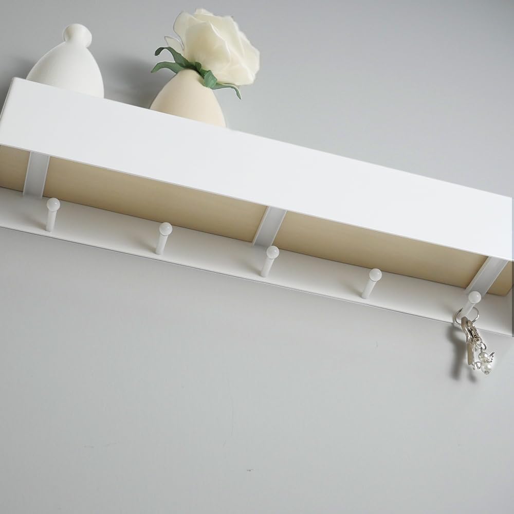 Appendiabiti A Muro Con Ripiano, 43 Cm, 5 Ganci Nascosti, Ferro E Legno, Stile Minimalista, Bianco