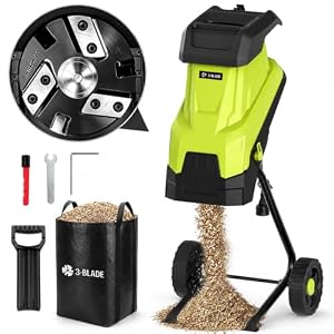 Electric Wood Chipper Shredder, 15-Amp 3-Blade System for Up to 50% Faster Shredding, 1.8″ Branch Capacity, Chips Down to 1.5mm or Finer, Reversible SK5 Blades, 45L Bag for Yard Waste & Composting