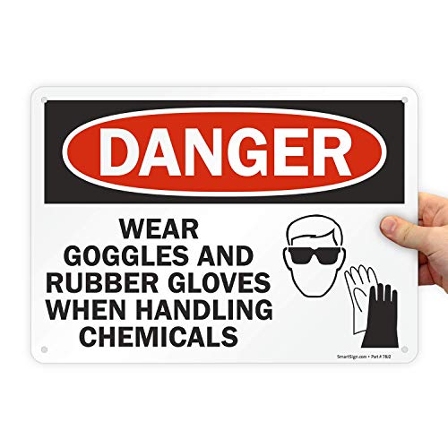 Panneau danger wear goggles contre les risques de projections chimiques en atelier