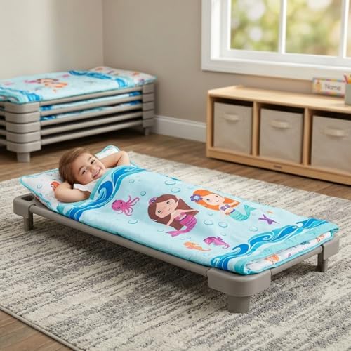 Image of EVERYDAY KIDS Toddler Nap Mat with Removable Pillow -Underwater Mermaids- Carry Handle with Fastening Straps Closure, Rollup Design, Soft Microfiber for Preschool, Daycare Sleeping Bag, Ages 2-6 years