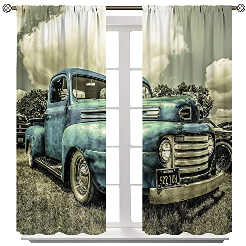 Vintage Car Curtains,Retro Rustic Truck Antique Blue Old Truck Blackout Thermal Curtains For Bedroom Living Room Decor Window Drapes, 2 Panels,42X45In #TOP3