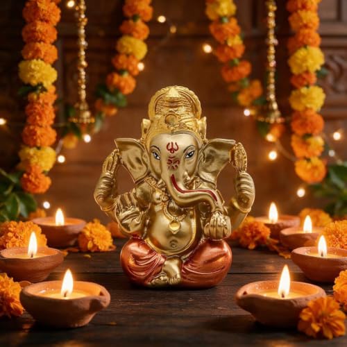 BangBangDa 3.5" H Lord Ganesha Statue for Car Dashboard Decor | with 1pc sticker, Small Ganpati Idol for Car