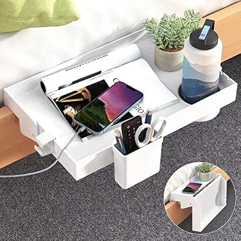 SOLEJAZZ Mesita de Noche Plegable con Portavasos y Cordón Organizador, Blanco Cover