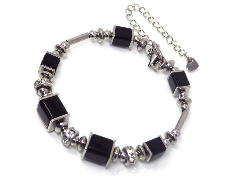 Bracciale rigido da donna in acciaio inossidabile con perle di vetro nero e perline di strass