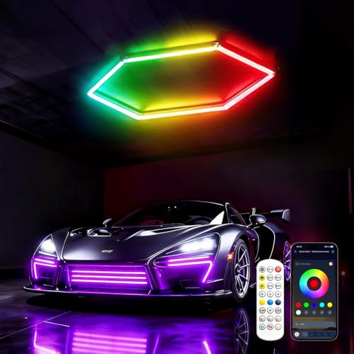 DIKHEE LED Sechseckleuchten, RGB Garagenlampe mit 358 Farbmodi,54W 4 Musikmodi, Fernbedienung, IP54 Wasserdicht, Dimmbar, für Spielzimmer, Fitnessstudio, Party, Bar